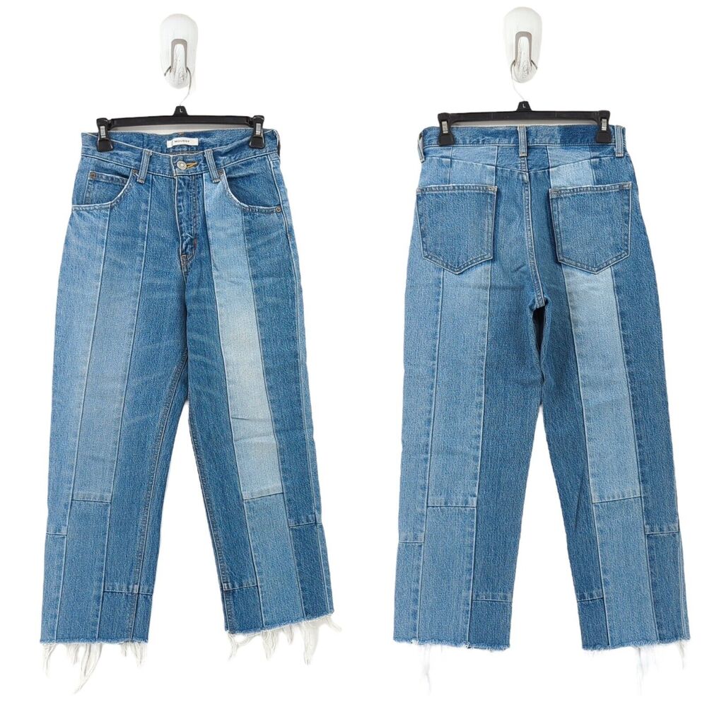 Moussy Women 25 Jeans Blue Straight Leg Patchwork Raw Hem Cotton 010ASH11-0600
